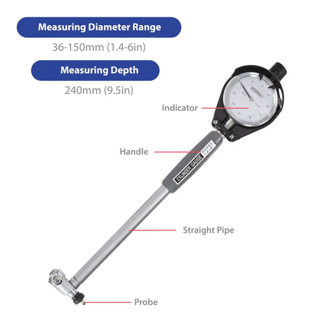 Fowler extender dial bore gauge kit with 1.4–6 in range; includes probe and handle