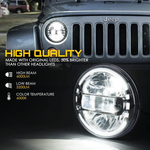 7 Inch LED Round Headlights For Jeep Wrangler JK JKU TJ LJ CJ Hummer H1 H2 Halo Ring DOT Approved with 6000K color temperature