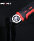 Close-up of 4 Piece Adjustable Wrench Set With Reversible Jaw And Box End Hex Function in action on a pipe with Maxpower logo