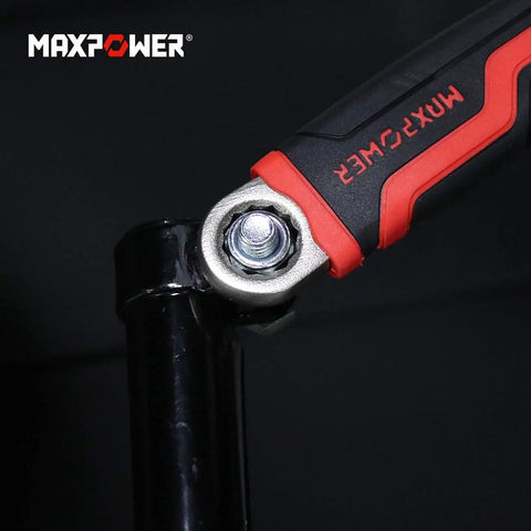 Close-up of 4 Piece Adjustable Wrench Set With Reversible Jaw And Box End Hex Function in action on a pipe with Maxpower logo