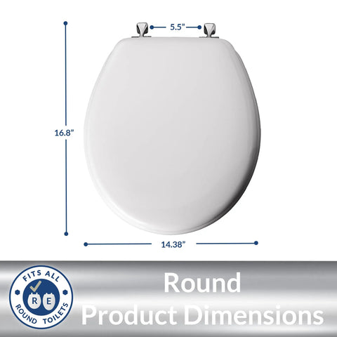 Edgewater Round Toilet Seat With Chrome Hinges Never Wobbles Thanks To STA TITE Fastening System Easy Wrench Install And Durable Enameled Wood White Finish, top view with dimensions 16.8x14.38 inches