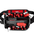 Top view of Packout 10 Inch Structured Tote For Tools And Gear, Durable Black Tool Organizer With Wide Opening, tools inside, red and black colors