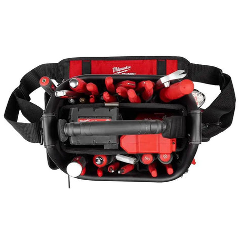 Top view of Packout 10 Inch Structured Tote For Tools And Gear, Durable Black Tool Organizer With Wide Opening, tools inside, red and black colors