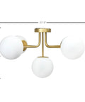 Front view of Brushed Gold Five-Globe Semi-Flush Mount Light With Dope Mid-Century Vibe, Low Ceiling Friendly, 27.5 Inch Wide Opal Frosted Globes