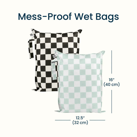 Mess-Proof Wet Bag Set 2-Pack Reusable Waterproof Bags For Swimsuits And Baby Clothes On The Go Diaper Bag Essential, 12.5 x 16 in, black and green checkers