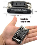 Hand holding 16 In 1 Motorcycle And Bicycle Repair Tool Kit with Portable Compact Screwdriver Nut Driver Set, dimensions shown.