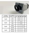 Five Position Rotary Changeover Switch YMZ12 32 4, 660V 32A, four-stage cam switch with 16 terminals and pole-position chart.