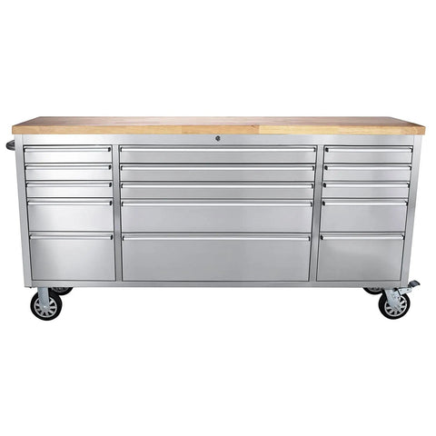 Heavy-Duty 72 Inch Mobile Tool Chest With Solid Wood Top Workbench, 15-Drawer Stainless Steel Rolling Cabinet Organizer For Garage