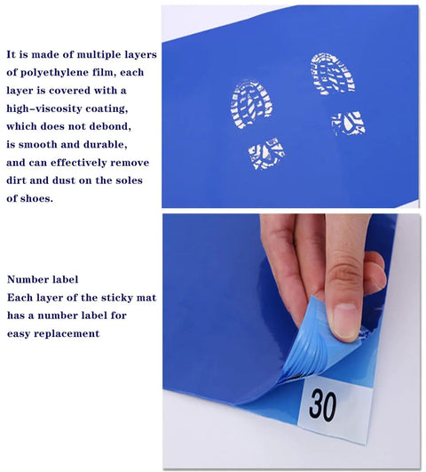 Heavy Duty Tacky Floor Mats 300 Total Sheets snags dirt dust and grime with blue adhesive layers covered in shoe tread prints.