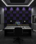 Big Time Kickass 52 Pack Acoustic Foam Wedge Tiles 12X12 Inches Black And Purple Sound Absorbing Panels For Home Studio Setup features on studio wall.
