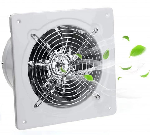 8 Inch Through Wall Exhaust Fan 110V 500 CFM White Built Tough Metal Housing with airflow, front view, ideal for kitchen bathroom ventilation.
