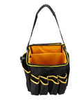 Heavy Duty Oxford Tool Organizer Bag With Removable Divider And Nonslip Rubber Feet Built Like A Tank For Tradesmen And Diy Crew Portable 20 Liter Carry Tote, featuring black exterior and bright orange interior.