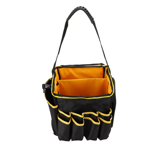 Heavy Duty Oxford Tool Organizer Bag With Removable Divider And Nonslip Rubber Feet Built Like A Tank For Tradesmen And Diy Crew Portable 20 Liter Carry Tote, featuring black exterior and bright orange interior.