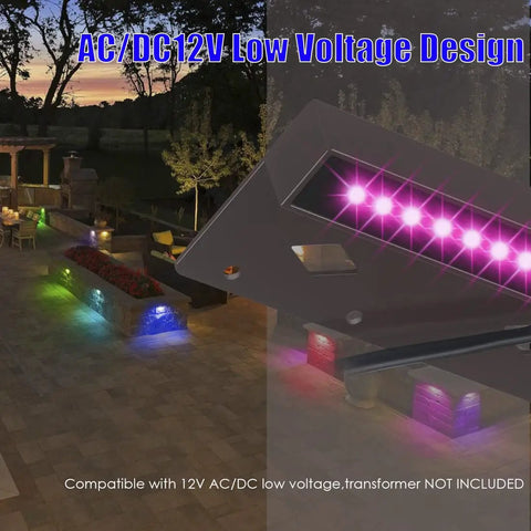 RGBCW LED Hardscape Lights 4W 12V Low Voltage Outdoor Landscape Lighting 7 Inch IP65 Waterproof Wall Lights for Path Deck and Steps Color Changing with 9 Colors and 2 Effects UL Listed 4 Pack illuminated at night in garden setting.