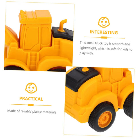 Close-up of 4 Pack Adorable Construction Truck Set with Realistic Front End Loader models, highlighting durable plastic design.