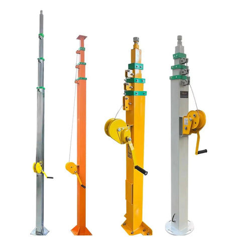 Heavy Duty 30 Foot Telescoping Mast With Manual Hydraulic Electric Lift Options Stainless Steel Construction Includes Hand Winch For Light Towers And Antenna Hoists Durable As Nails Works Like A Charm - Four masts in various colors and designs.