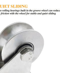 Beefed Up Heavy Duty 3 Inch 304 Stainless Steel Sliding Gate Wheels With U Groove Track Roller Double Bearing Plate Caster For Driveway Gates U Shaped Bracket Smooth Rust Resistant Rollers close-up of 304 stainless U-groove wheel and bearing