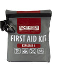 Pac-Kit Medical First Aid Kit Explorer 1 in gray pouch with red logo and attached carabiner