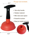 Heavy Duty Mini Sink Plunger With Reinforced Rubber Cup Creates Incredible Suction To Extract Worst Pipe Blockups Smooth Comfort Handle Gives Real Leverage For Knocking Out Stubborn Drain Jams Quick And Easy, size 6.2" by 4.3".