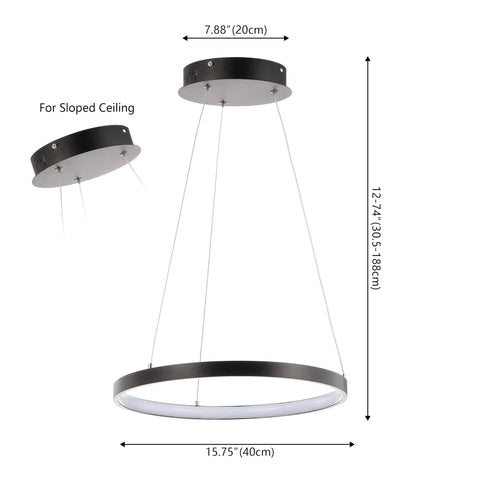 Matte Black Modern Integrated LED Pendant Light With Dimmable Round Hoop Chandelier For Kitchen Island And Dining Room Adjustable Height ETL Listed Sleek Minimalist Ceiling Lighting Fixture with dimensions shown
