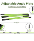 Adjustable angle golf alignment sticks with measurements, featuring green color, removable tips, and compact design for easy storage.