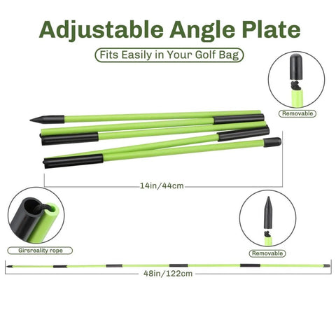 Adjustable angle golf alignment sticks with measurements, featuring green color, removable tips, and compact design for easy storage.
