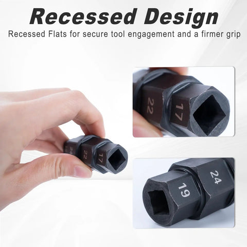 Close-up of All In One 4 In 1 Motorcycle Front Wheel Hex Axle Tool showing 17mm to 24mm sizes with carbon steel material.