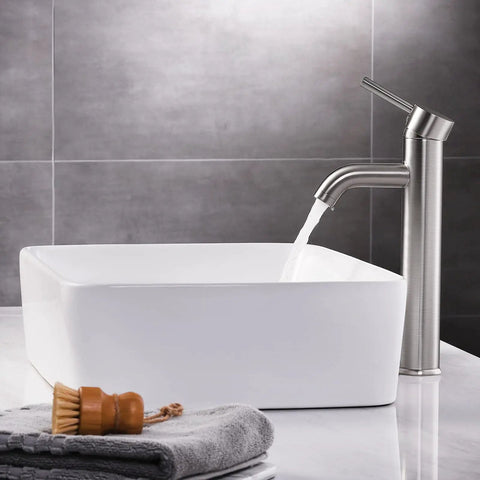 Rectangular Vessel Sink With Faucet And Drain Combo In Brushed Nickel Finish 19 By 14.6 Inch Bathroom Vanity Sink Set in modern bathroom.