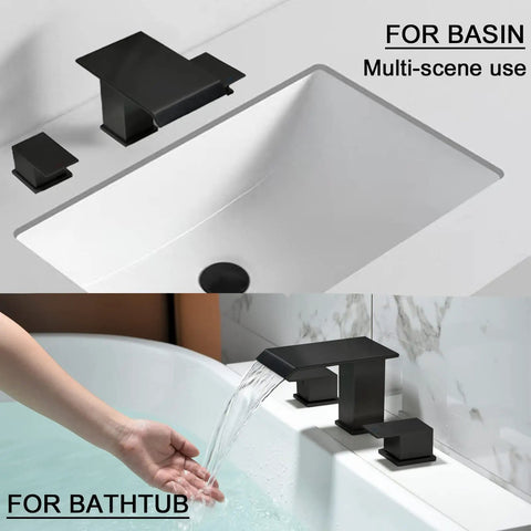 Deck Mount Roman Tub Faucet Set With 3 Hole Mount Dual Handle High Flow Matte Black Waterfall Spout for soaking bathtubs