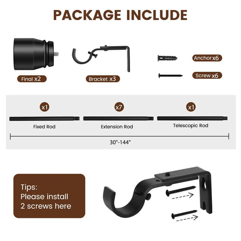 Package contents of Heavy Duty Adjustable Curtain Rod Set 1 Inch Diameter Splicing Matte Black Extra Long 30 To 144 Inches.