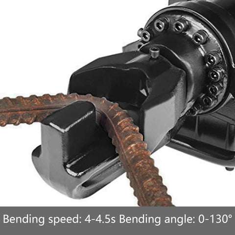 Uwygtf 900W Electric Rebar Bender, Portable Hydraulic Steel Bending Machine Fast Zero To Thirteen Degree Bend With Precise Hydraulic Pressure Relief Valve For Construction Sites, showing close-up of bending mechanism with rebar.