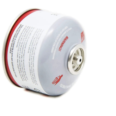 Isobutane Camping Stove Fuel Blend Four Season Butane Propane Mix with screw-on universal fitting, close-up view