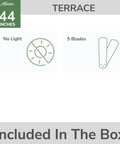 Diagram showing features of the 44 Inch Indoor Outdoor Ceiling Fan No Light With Low Profile Mount 5 Blades Damp Rated.