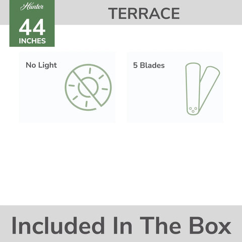 Diagram showing features of the 44 Inch Indoor Outdoor Ceiling Fan No Light With Low Profile Mount 5 Blades Damp Rated.