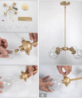 Assembly of Gold Globe Chandelier With On Off Switch Pull Chain, 4 Light Modern Gold Semi Flush Mount Ceiling Light With Clear Globe Glass Shades