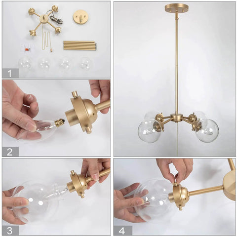 Assembly of Gold Globe Chandelier With On Off Switch Pull Chain, 4 Light Modern Gold Semi Flush Mount Ceiling Light With Clear Globe Glass Shades