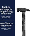 Close-up of 18 Oz Premium 4340 Steel Rip Claw Hammer With Shock Absorbing Poly Fiberglass Handle showing built-in ruler markings.