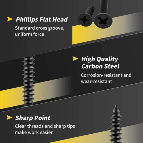 Details of Wood Screws Assortment Kit with 240 Heavy Duty Flat Head Wood Screws and Phillips Drive, corrosion-resistant