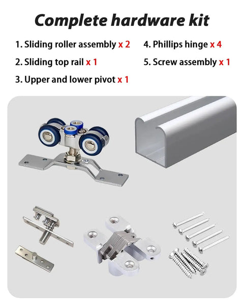 Ultimate Folding Door Track Kit With Wall Mounted Rail And Silent Ball Bearing Rollers Fits Wood Doors 25 To 45mm Thick With Adjustable 90cm To 3 Meter Run No Bottom Track Means Easier Cleaning While Installing Is A Breeze For Smooth Operation. complete hardware kit with rollers, rail, pivots, hinges, and screws