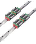 Premium High Precision Linear Guide Rail Kit With Two 2pc HGR20 Rails Plus Four HGW20CC Flanged Blocks shown from above.