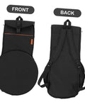 12 Inch Practice Snare Drum Bag Built Like A Tank With No Sweat Waterproof Oxford Cloth Easy Carry Adjustable Strap For Live Gig Gear Heavy Duty Portable Percussion Drums And Snare Sticks Pocket Tote Bag front and back views showing adjustable straps.