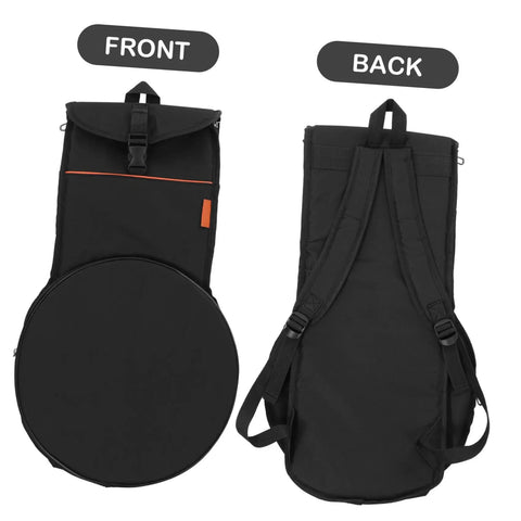 12 Inch Practice Snare Drum Bag Built Like A Tank With No Sweat Waterproof Oxford Cloth Easy Carry Adjustable Strap For Live Gig Gear Heavy Duty Portable Percussion Drums And Snare Sticks Pocket Tote Bag front and back views showing adjustable straps.