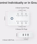 Diagram of Smart Power Strip With 6 Outlets And 3 USB Ports, WiFi Surge Protector, showing dimensions and socket arrangement.
