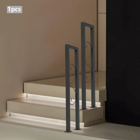 Rock Solid Heavy Duty U Shaped Stair Handrail Featuring Kickstand Style Widened Base And Weatherproof Zinc Coating For Bulletproof Balcony Guardrails And Wide Indoor Steps in black on stairs.
