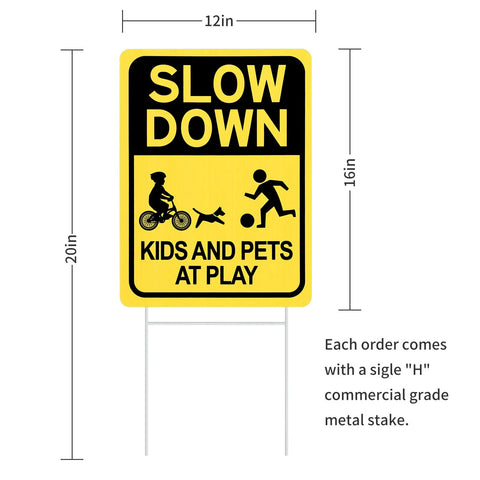 Slow Down Kids And Pets At Play Sign 2 Pack With Metal Stakes Double Sided 16 By 12 Inch Corrugated Plastic Yard Signs