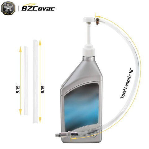 Go To Lower Unit Gear Oil Pump For Quart Bottles With 8cc Stroke, 8mm And 10mm Adapters, 3/8 Inch Swivel, Outboard Gear Lube Transfer Tool For Mercury Yamaha Suzuki And More, shown with pump attached to bottle, hoses visible.