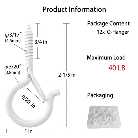 Diagram of Sick 12 Pack Ceiling Hooks For Hanging Plants And Outdoor Lights with dimensions and packaging details.