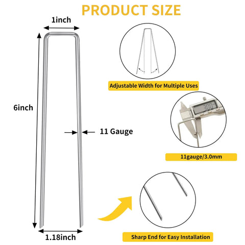 Diagram showing the dimensions and features of 6 Inch Galvanized Landscape Staples 300 Pack U Shaped Garden Stakes Rust Proof Ground Pins
