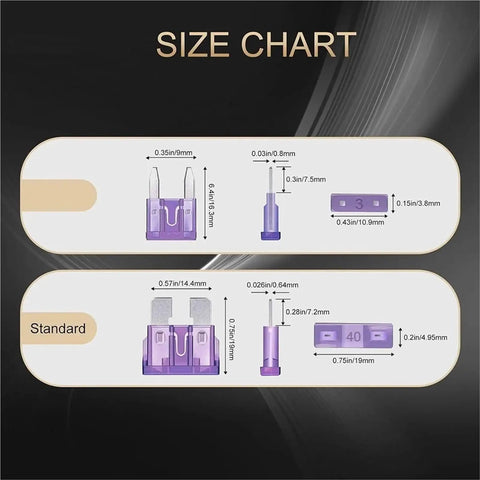 Size chart for Car Fuses Assortment Kit 1200 Pieces With 520 Standard Fuses And 680 Pullers, 2A To 40A Zinc, Color Coded Current Ratings