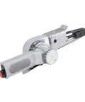 Compact Mini Air Belt Sander With Variable Speed Pneumatic Angled Grip Includes Two Sanding Belts, lightweight aluminum tool.